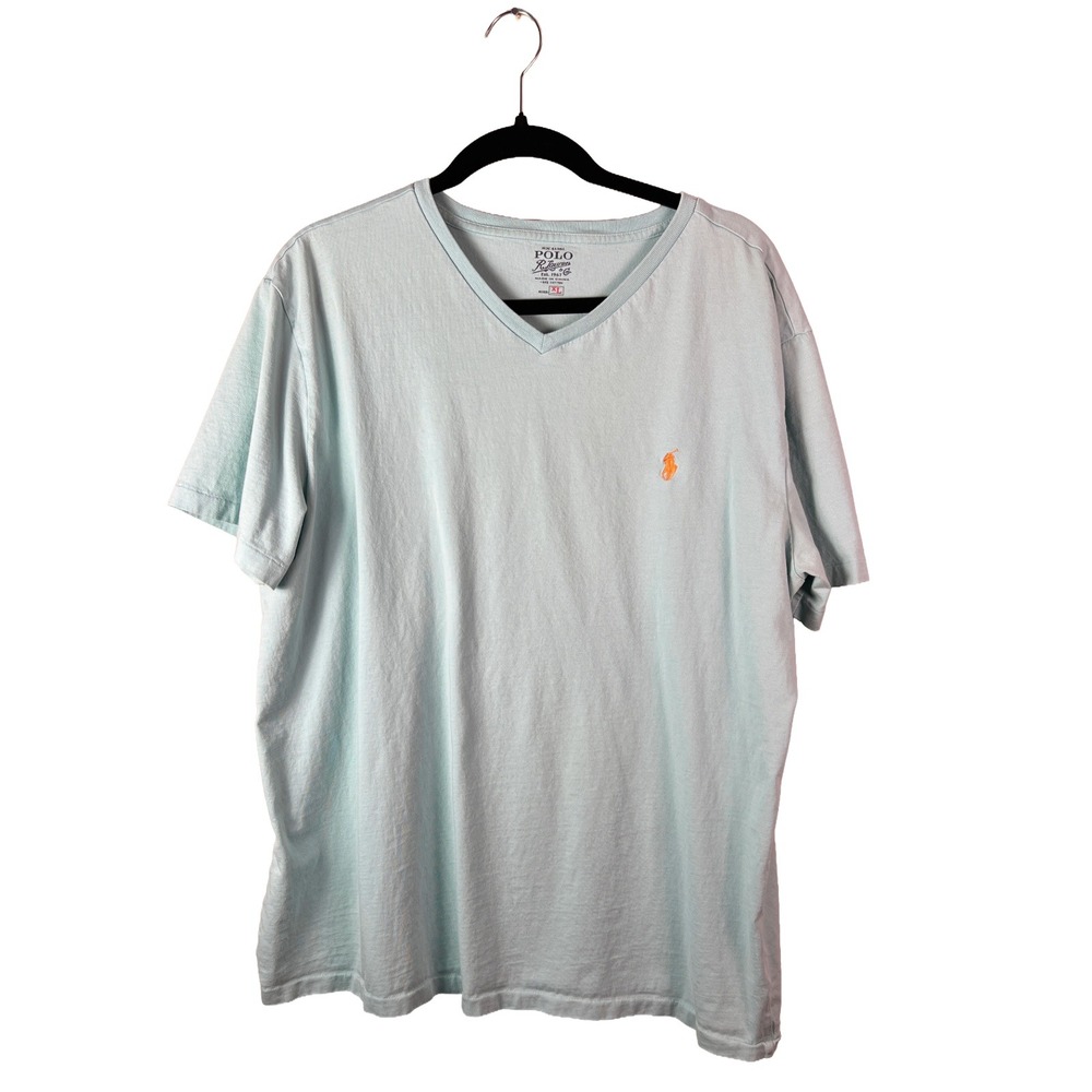 Polo Ralph Lauren Mens XL Light Blue V-Neck T-Shirt Orange Pony Logo